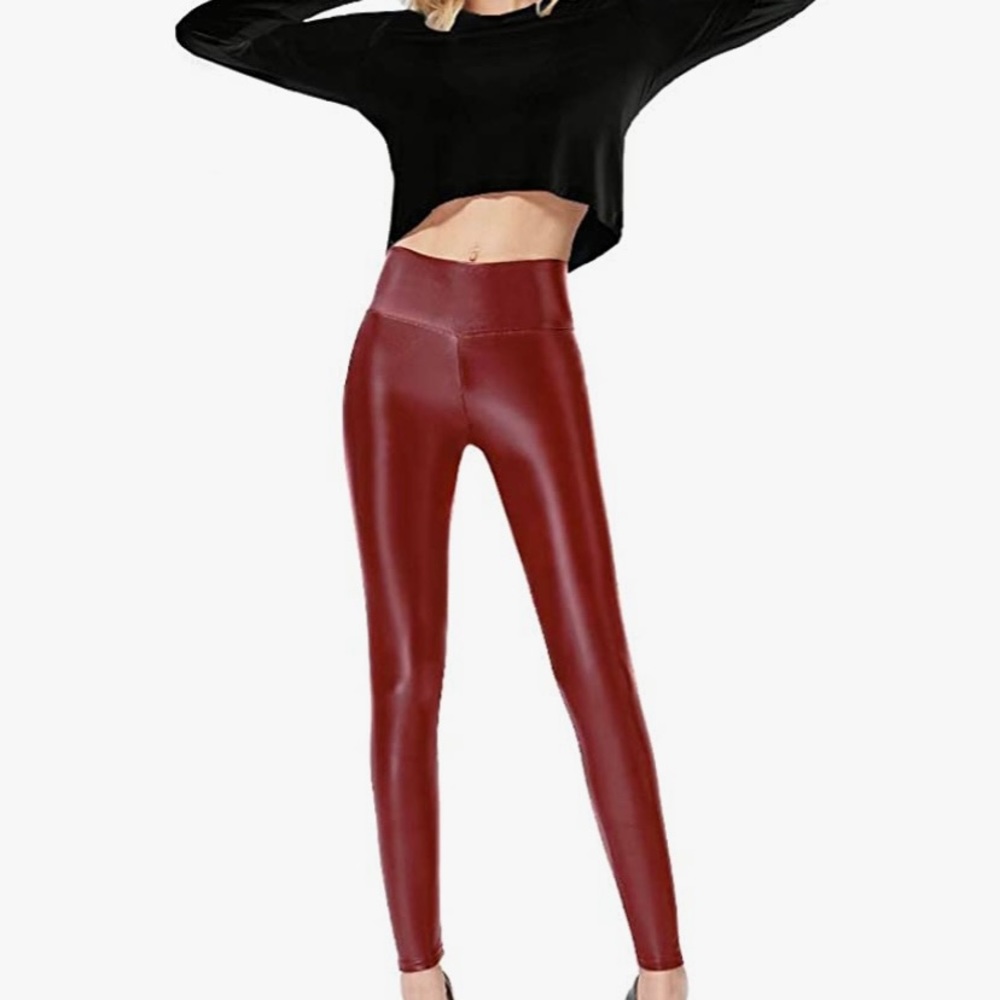 High waisted high shine winter leggings in deep burgundy - size M